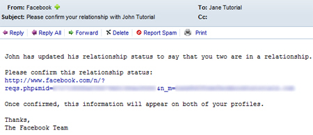 Relationship status update email on Facebook