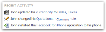 Facebook Recent Activity reflects recent changes to profile